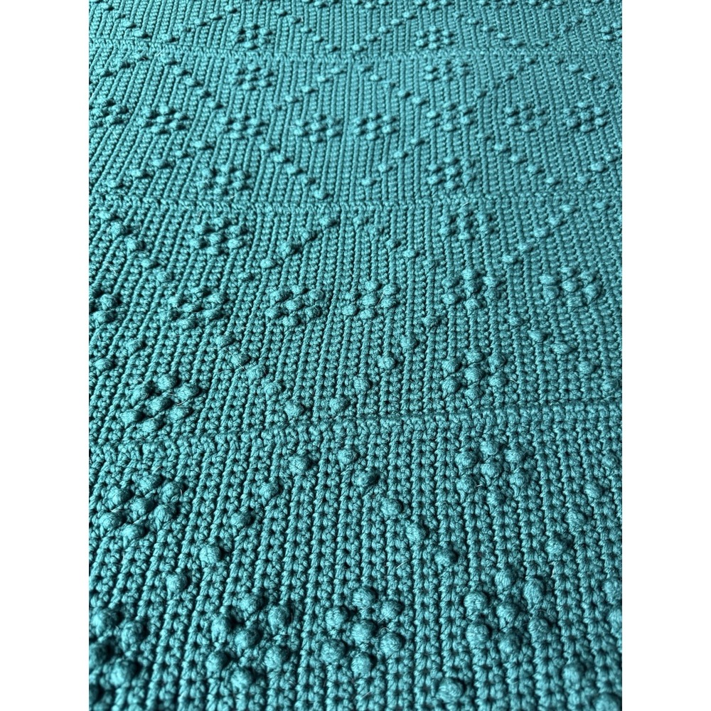 Hand Crocheted Bobble Throw Blanket Dark Green Afghan 57x64 Cottage Boho Vintage